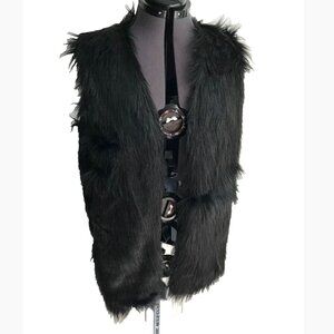 Lapis Faux Fur Shaggy Black Woman's Vest Casual Open Front Size: Large